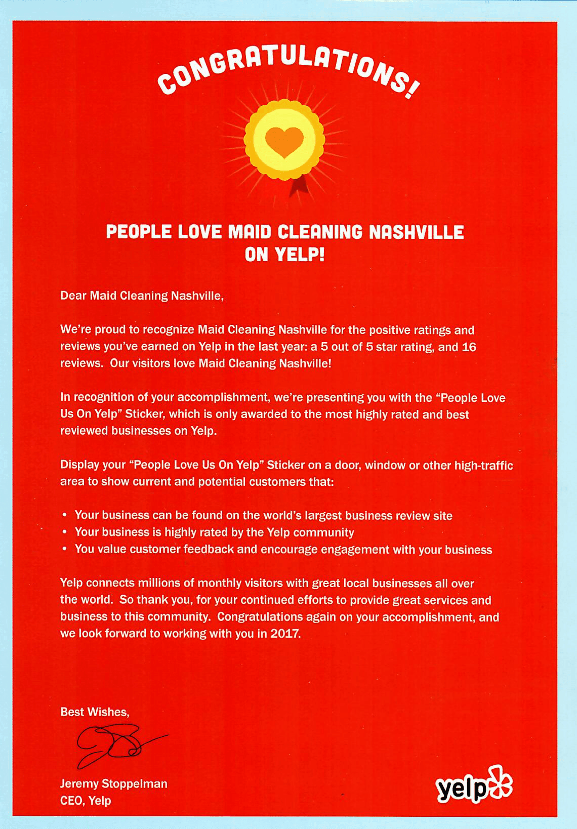People Love us on Yelp Letter 2016 People Love us on Yelp Letter 2016