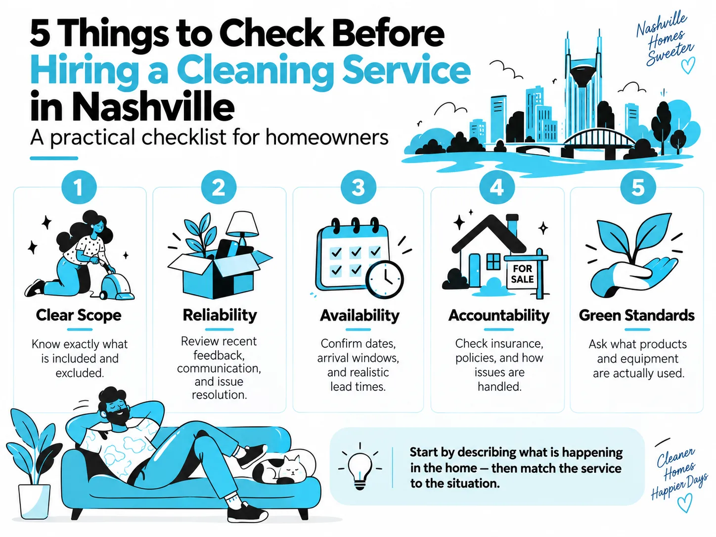 How to evaluate a residential cleaning service in Nashville by comparing cleaning scope, reliability, scheduling, accountability, and green standards.